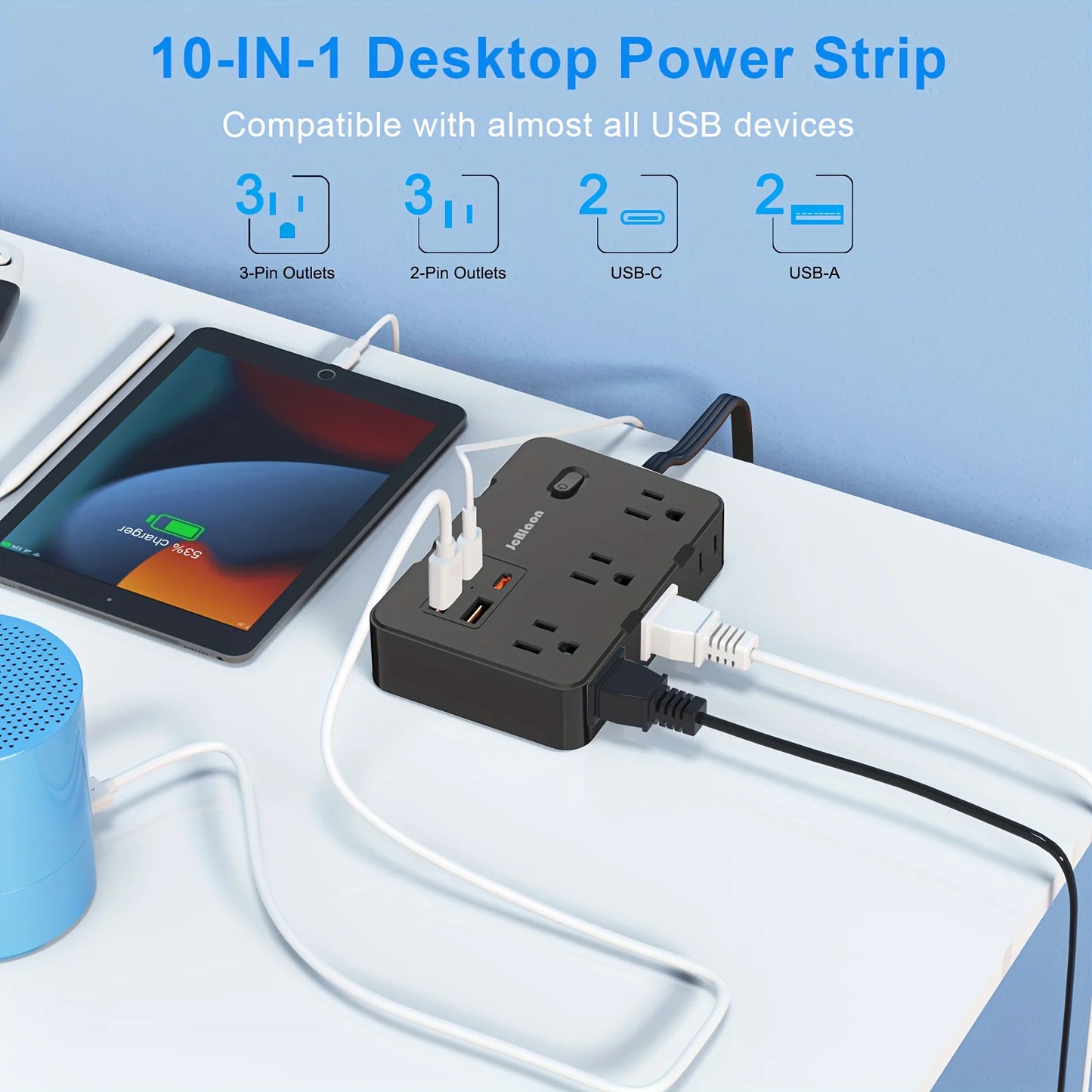 Ultra Thin Flat Plug Extension Cord with 4 USB Ports